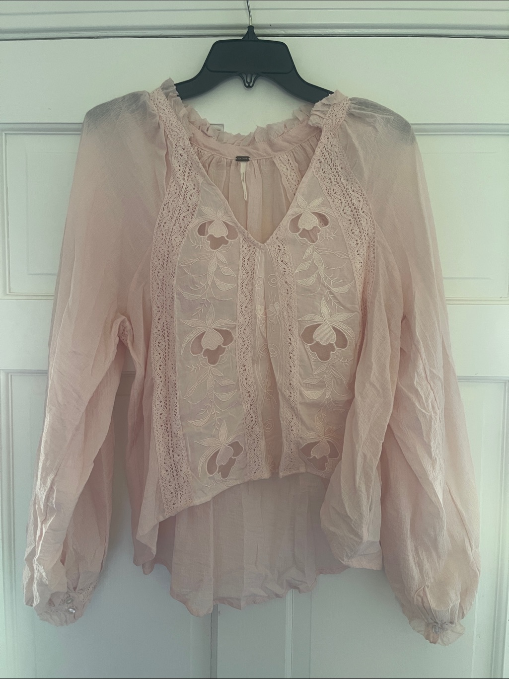 Free People Pale Pink Embroidered V-Neck Blouse